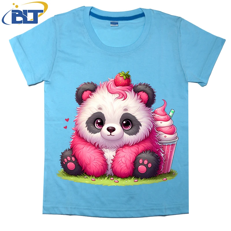 Cute Little Panda with Strawberry Printed Kids T-shirt Summer Cotton Short Sleeve Casual Tops Suitable for Boys and Girls