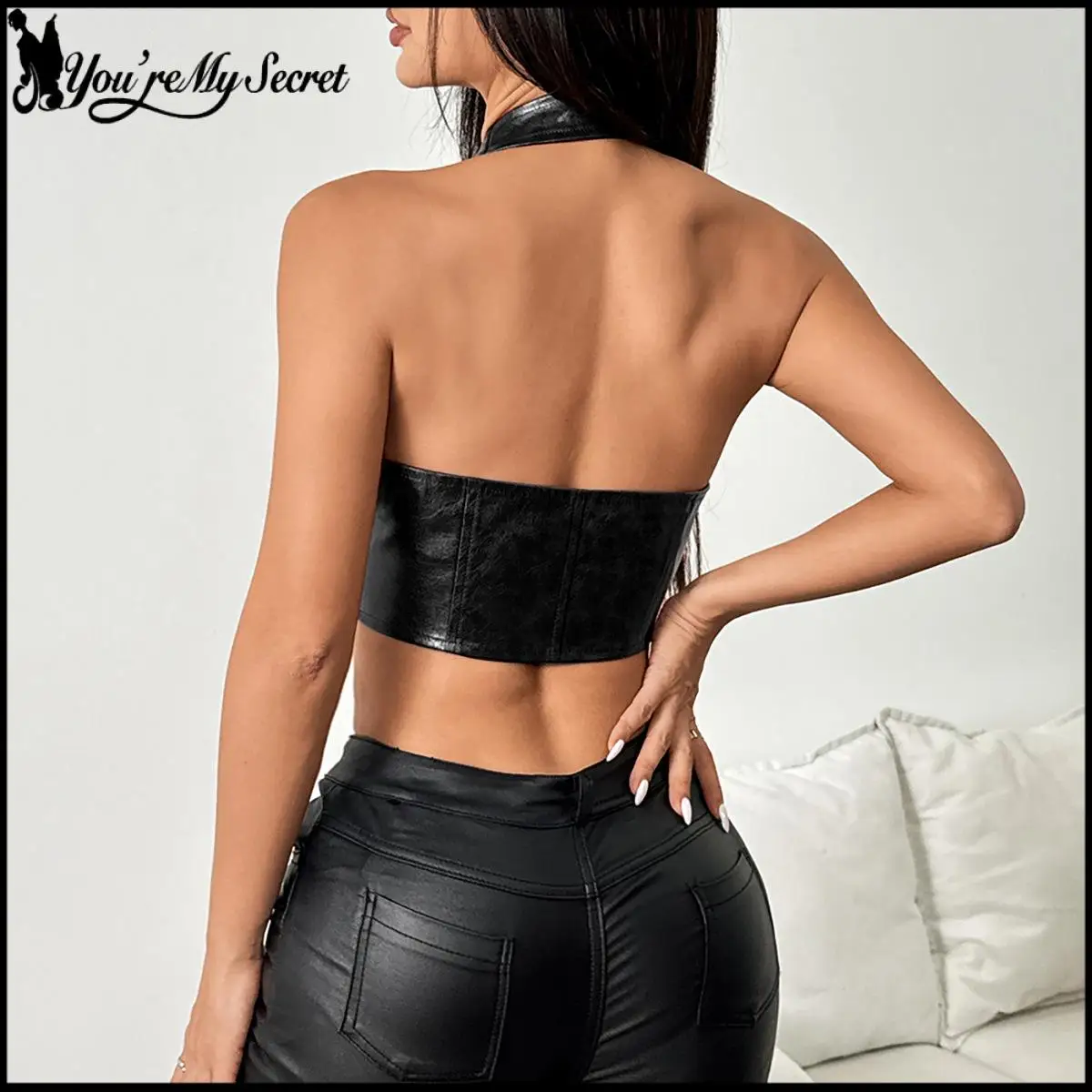 [You're My Secret] Sexy Halter PU Leather Black Short Vest Women Y2k Lace Up Low-Neck Burgundy Cardigan Night Club Outfits