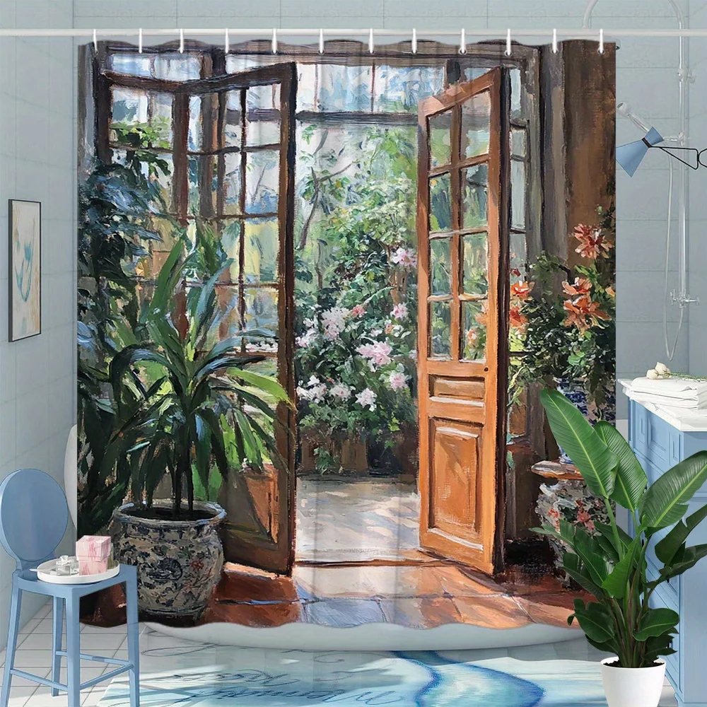 Rustic Garden Door Waterproof Shower Curtain for Bathroom Decor, Bringing Nature's Charm with Blooming Flowers and Lush Greenery