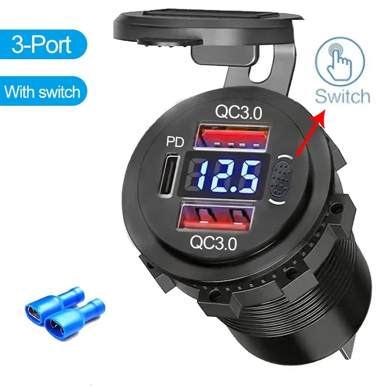 96W Dual PD QC3.0 USB Auto Motobike Oplader met Voltmeter Socket Stopcontact Adapter Waterdicht voor 12V/24V Auto Boot Vrachtwagen Moto