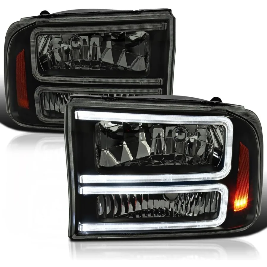 

Black Smoke Headlights with LED Bar Compatible with 1999-2004 Ford F-250 F-350 F-450 SuperDuty and 2000-2004 Excursion Complete