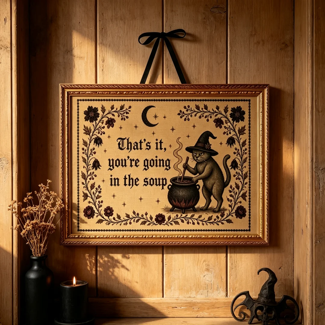 Retro-Halloween-Hexenkätzchen-Stickerei, Wandbild, Leinwanddruck, Poster, Bild für Wohnzimmer, Schlafzimmer, Heimdekoration. – Detail 2