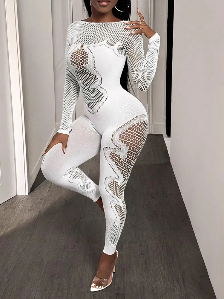 

Macheda Sexy See Through Jumpsuits Women o-Neck Full Sleeve Irregular Hollow Skinny Stretch Hottie Street Wild Style Overalls