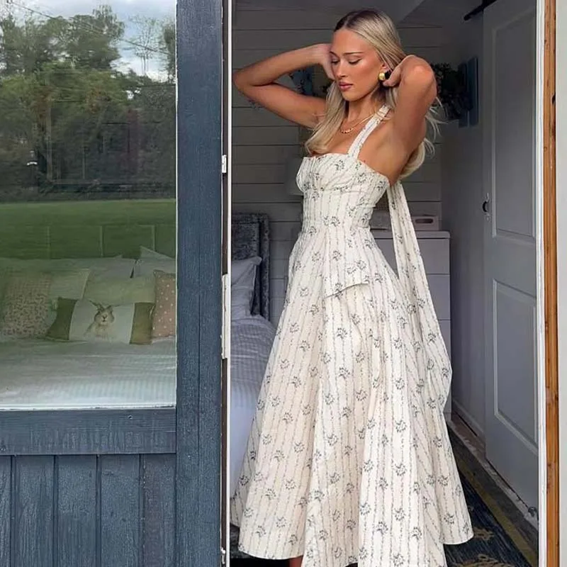 YENKYE Elegante Halter A-line Midi Lungo Stampa floreale Abito Donna Cotone Vacanza Estate Sexy Backless Abiti Party Robe 2025
