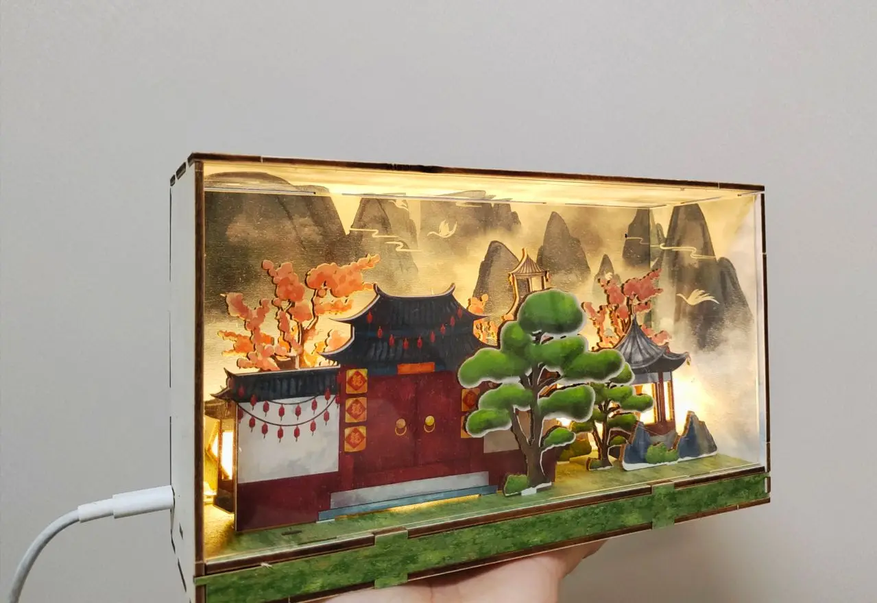 1 ชุดสไตล์จีนอาคารจิ๋วงานฝีมือไม้เดสก์ท็อปเครื่องประดับ 3D ชุดประกอบชุดตกแต่งบ้านไม้สร้างสถานที่