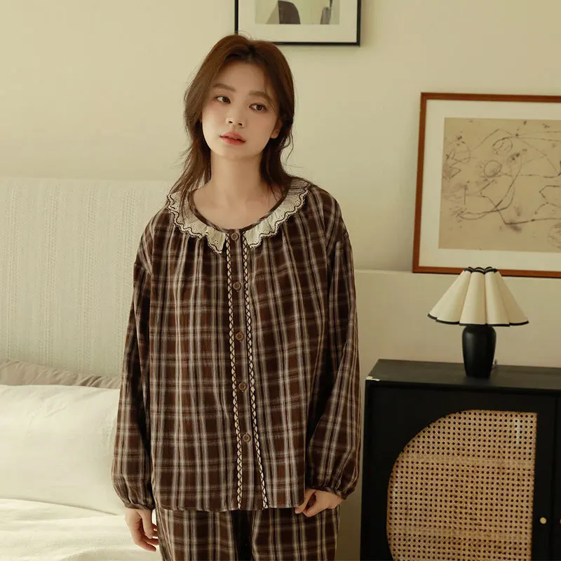 Soft Cotton Pajamas for Women Breathable Brown Plaid Doll Collar Lace Trim Long Sleeve Button Up Vintage Pastoral Sleepwear Set