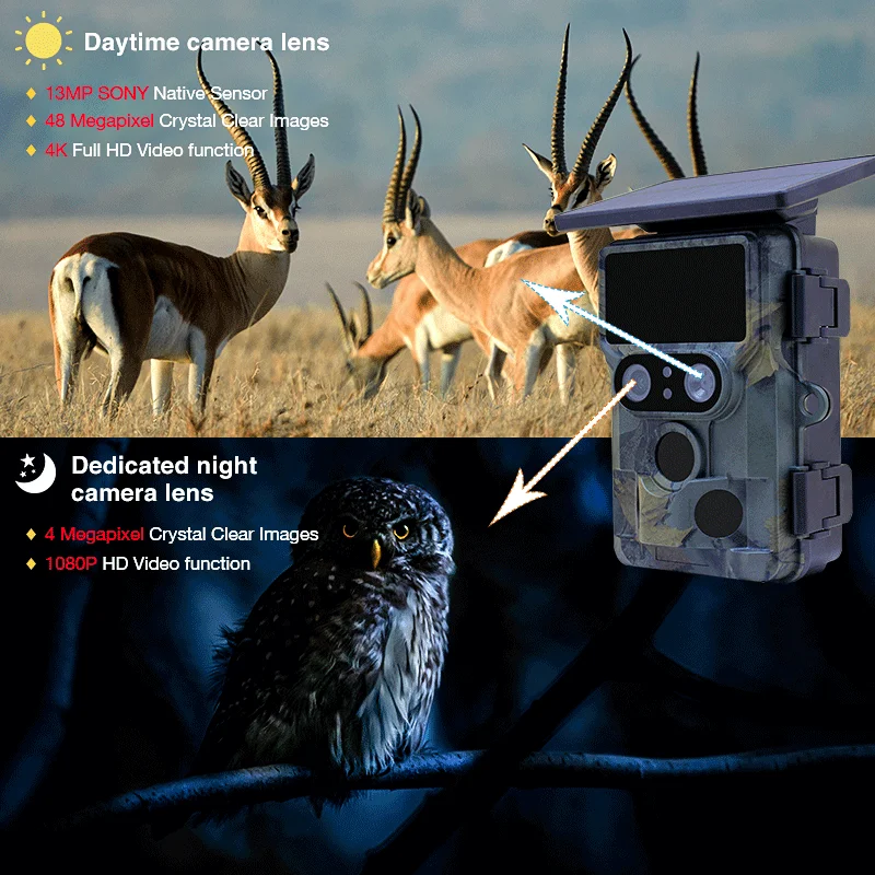 4K 48MP Hunting Trail Camera Trap APP WIFI Dual Lens Solar Power 0.3S Speed for Outdoor Hunting Surveillance