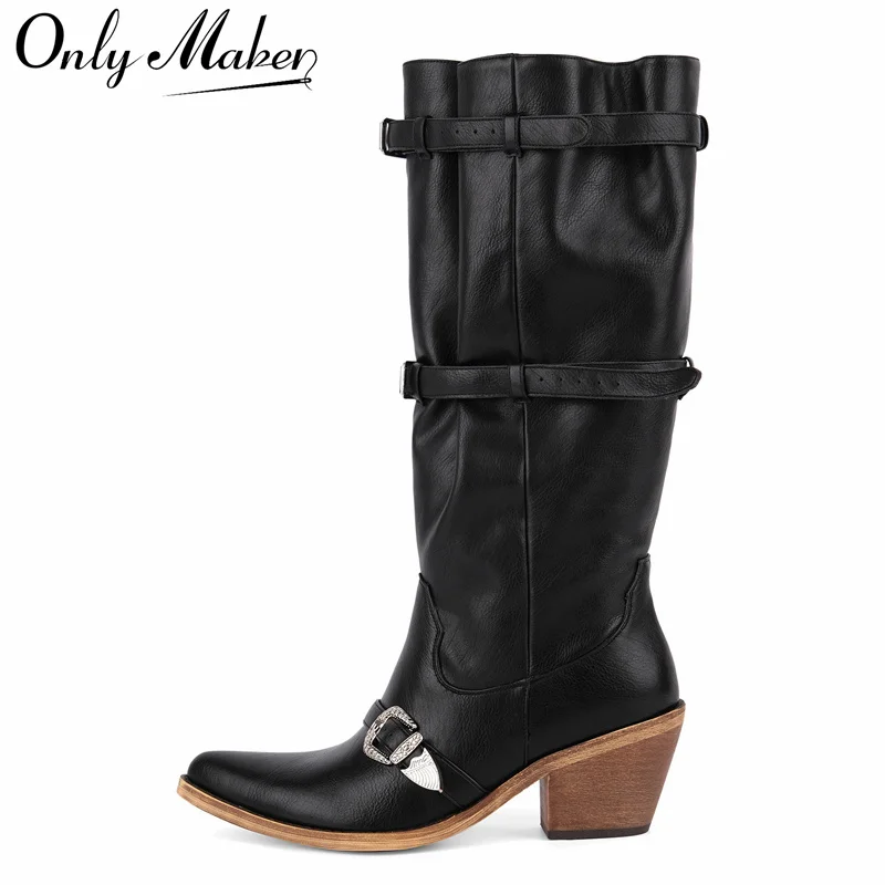 

Onlymaker женские сапоги в стиле вестерн с острым носком в стиле пастушки, сапоги до колена с пряжкой на ремне и сапоги на массивном каблуке