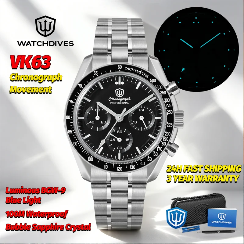 Watchdives WD1863 Chronograph Watch VK63 Quartz Movement Bubble Sapphire Crystal 10Bar Waterproof Luminous 39mm Vintage Watches