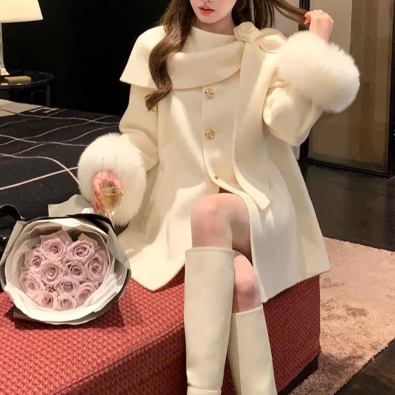 

NEW Fashion White Coat Fluffy Sleeves Short Double-sided Coat