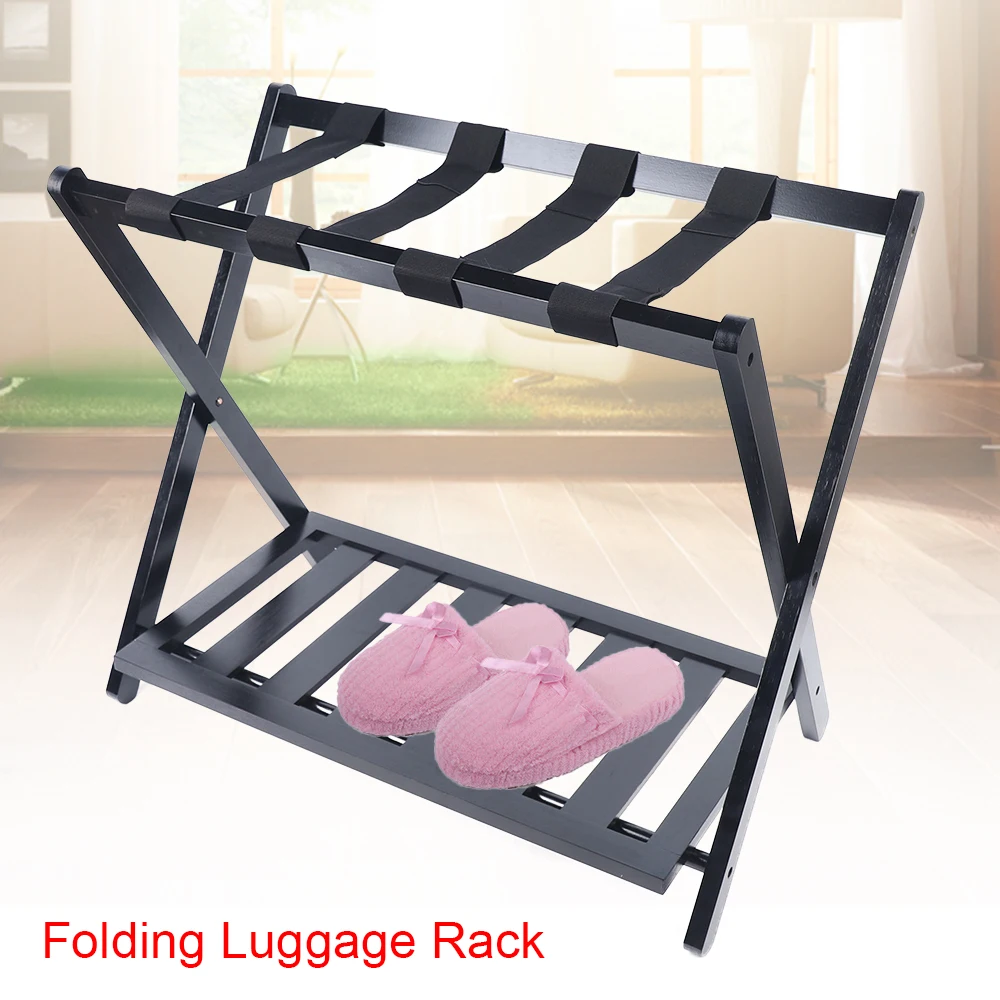 Luggage Rack Black Household High-Grade Bamboo Wood Folding Bedroom Storage Rack Simple Double Layer