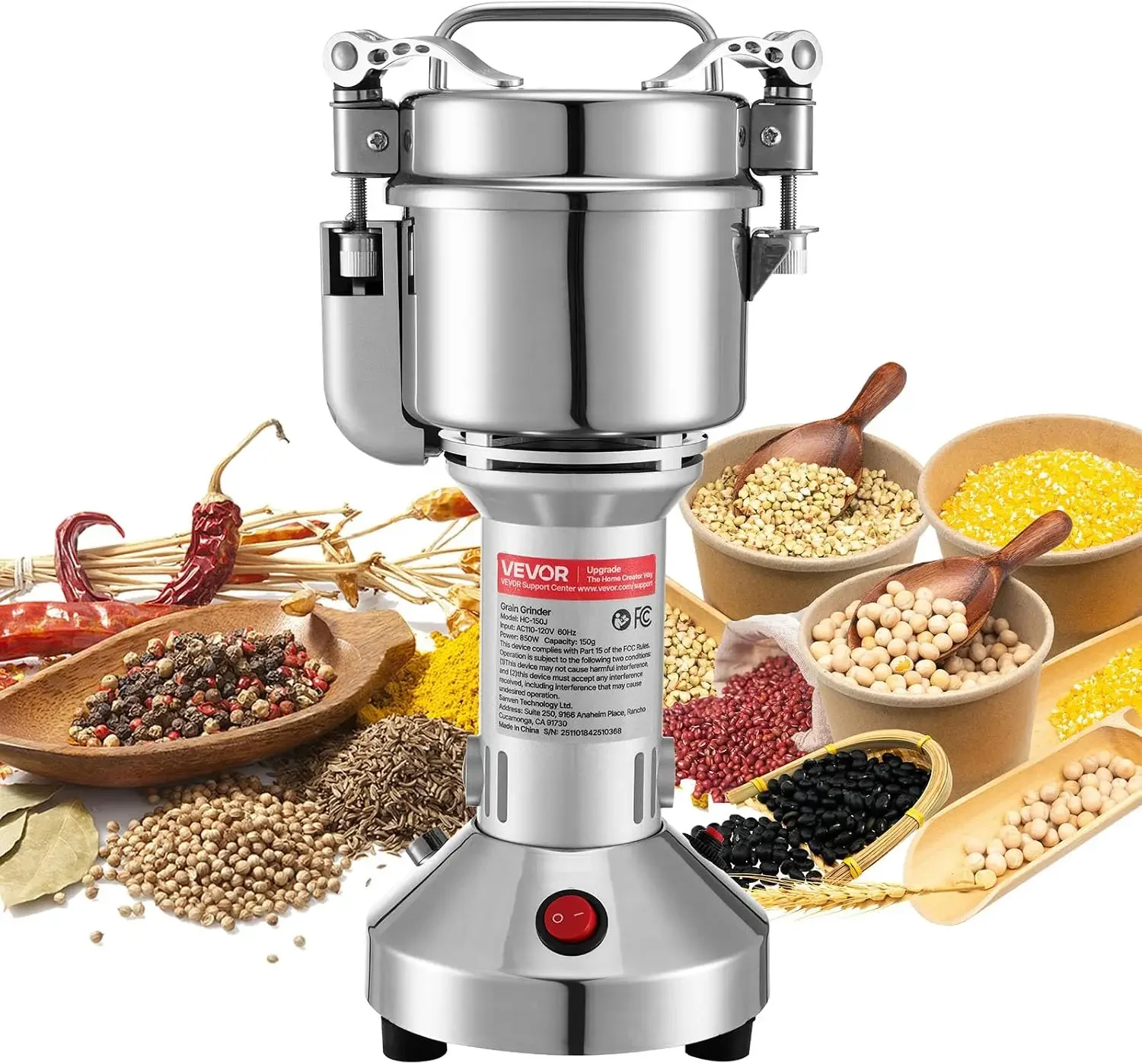 Electric Grain Mill Grinder, 150g Commercial Spice Grinders, High Speed 850W Stainless Steel Pulverizer Powder Machine, for Dry