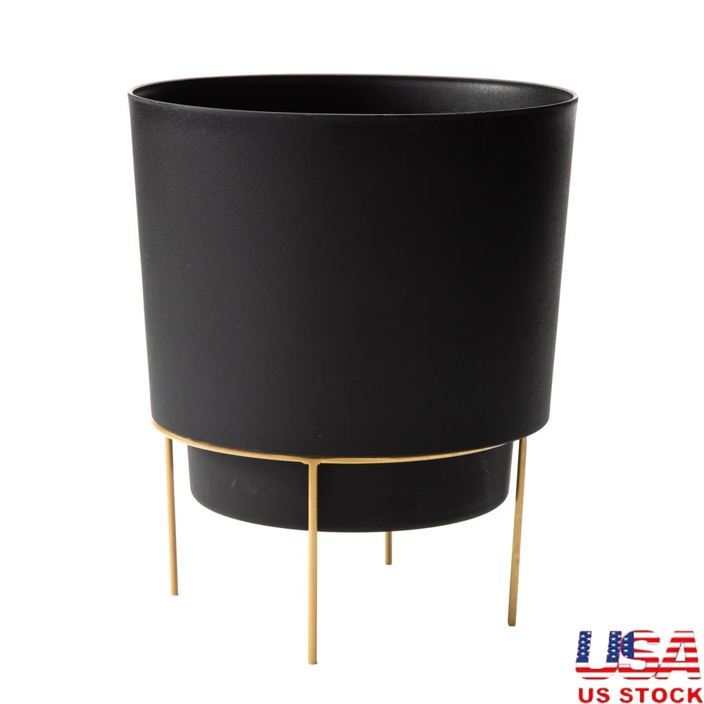 

10in Modern Round Resin Planter with Metal Stand Indoor Outdoor Use Drainage Holes Weather Resistant Durable Decorative Pot