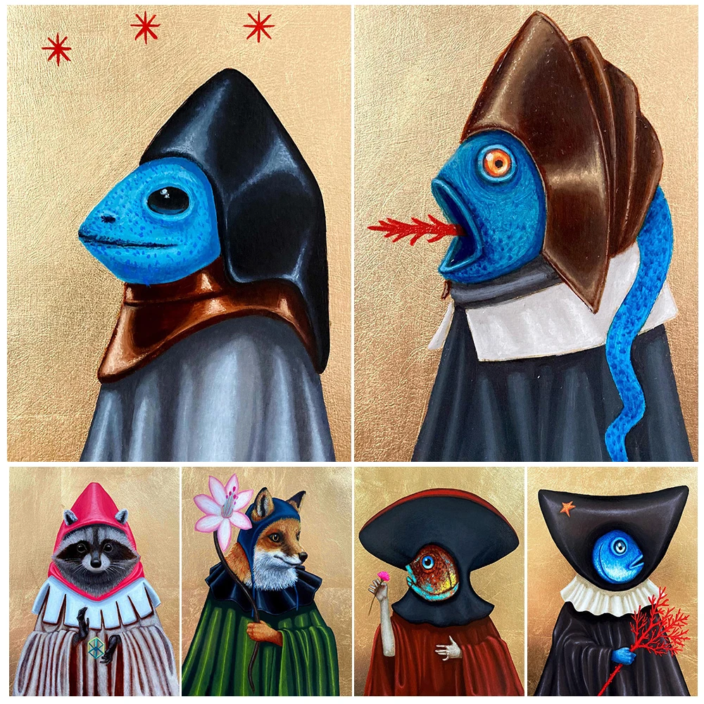 الخنزير، الأسماك، السحلية، السنجاب، البومة خمر الرسم على لوحات القماش الجدارية سريالية الخيال الحيوان صورة مجردة ملصق فني طباعة ديكور #1