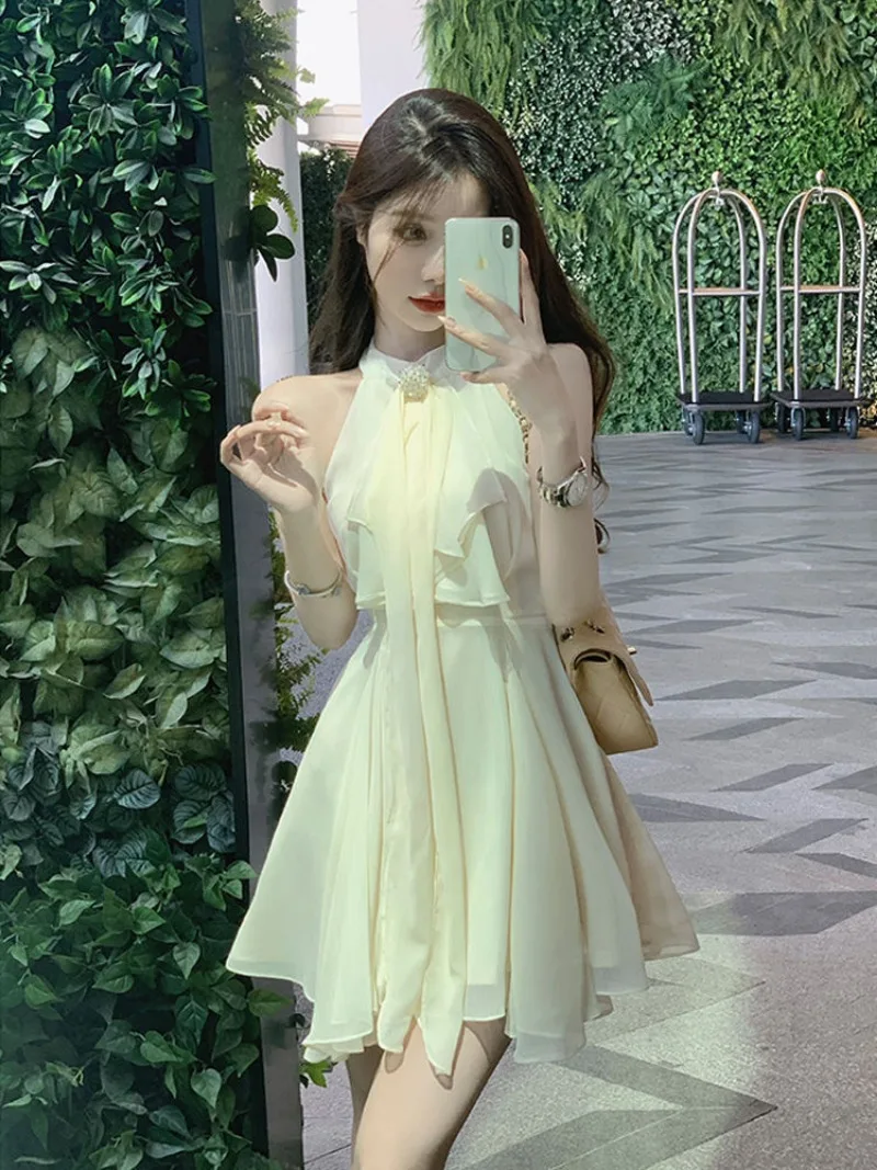 French Celebrity Irregular Chiffon Hanging Neck Dress Women Ruffled Edges Patchwork Ribbon Sleeveless Solid Summer Princess Wear