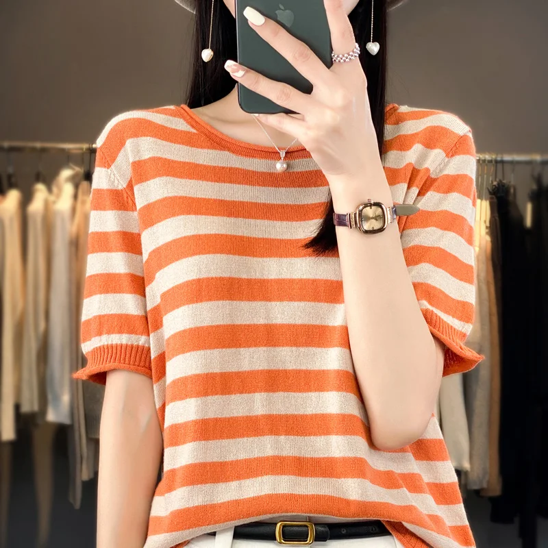 Summer New Short Sleeve Women's Round Neck 100% Cotton Stripe Loose Pullover Tank Top T-shirt Knitted Base Casual Comfort Sweate