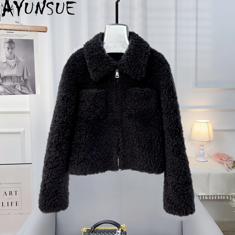 AYUNSUE 100% Sheep Shearing Jacket for Women Autumn Winter Korean Short Granular Wool Coat Female Outerwears Casaco Feminino