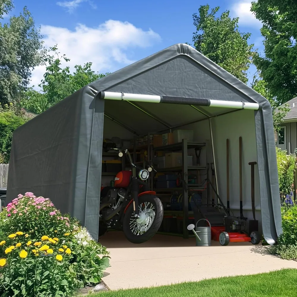 Heavy Duty 8x14FT Carport Shelter with Roll-Up Mesh Windows & Reinforced Frame, Portable Garage Canopy for Motorcycle S