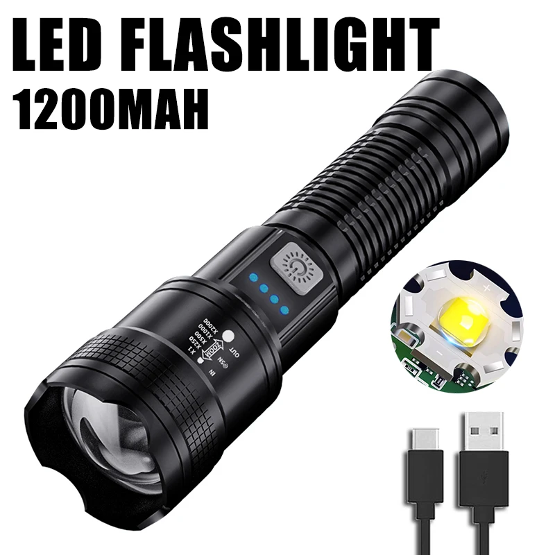 Powerful LED Flashlight USB Charging Built-in 1200mAh Battery Long-range Tactical Flashlight Outdoor Emergency Lighting Lantern