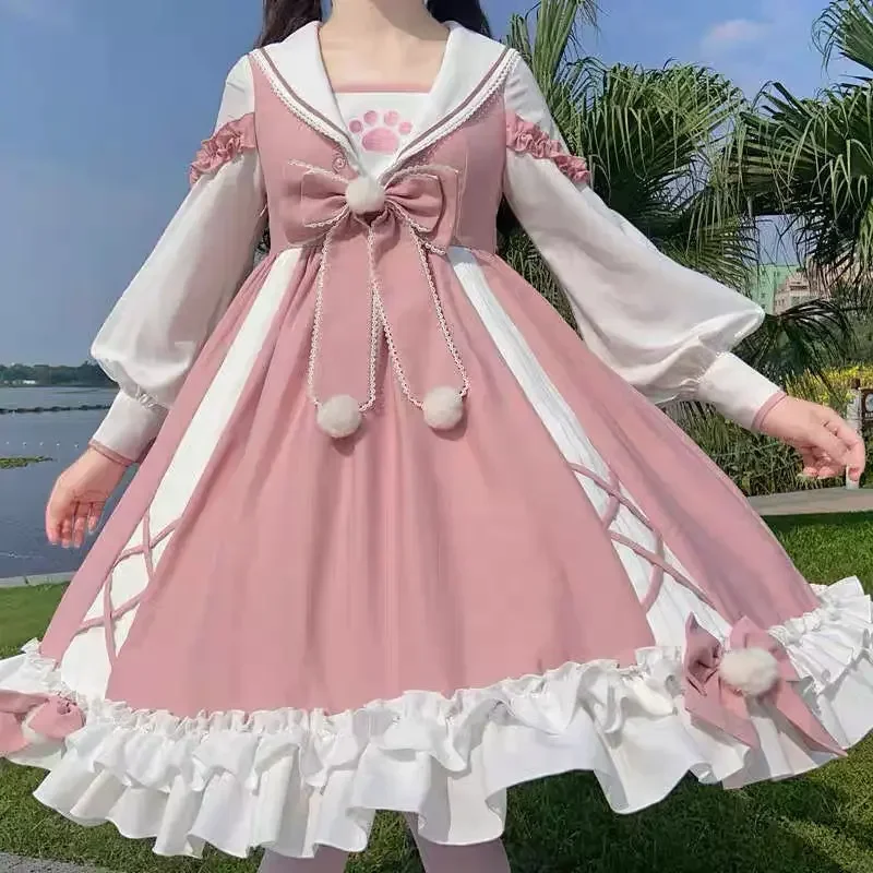M-4XL dulce vestido de lolita con lazo rosa para mujer, vestido holgado de manga larga Kawaii para fiesta de té, princesa Cos OP Fairy Kei M17