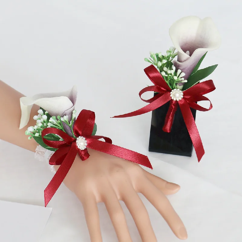 Boutonniere and Wrist Corsage Western style wedding, bridegroom and bride banquet, sisters and girlfriends