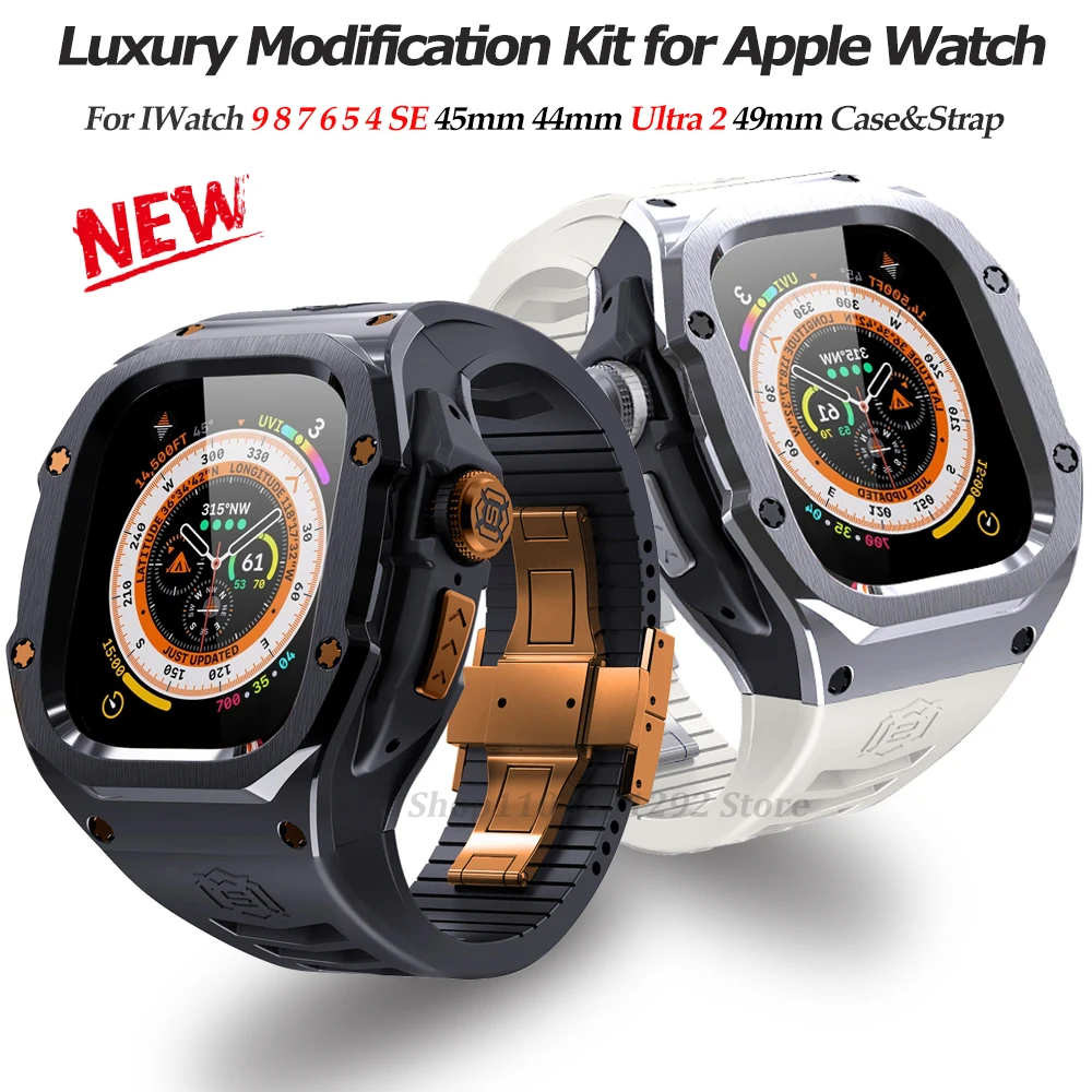 Luxury Modification Kit For Apple Watch Ultra 2 49mm Stainless Steel Case For IWatch 9 8 7 6 45mm 44mm Sport Strap Replacement