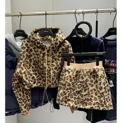 Korean style hooded leopard print drawstring hooded sweatshirt 2024 autumn and winter new retro fashion sports style skirt suit