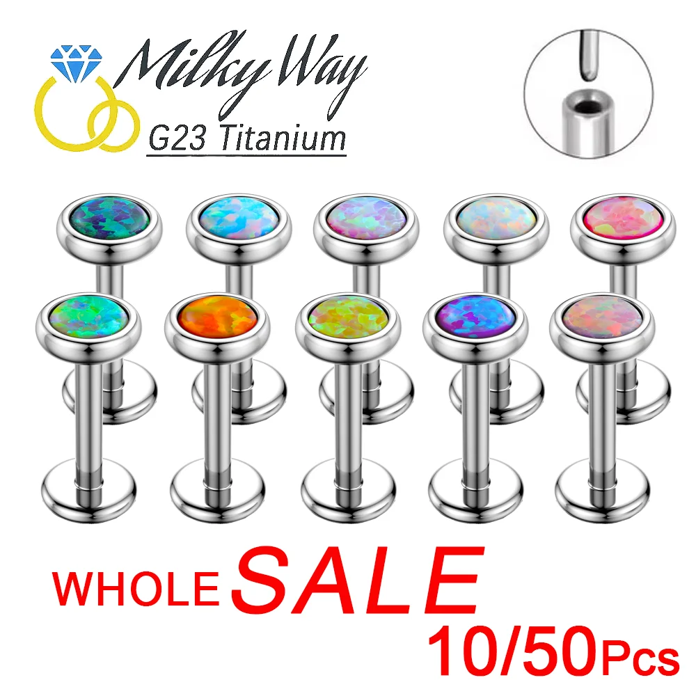 HOT 10/50pcs Wholesale G23 Titanium Piercing Nose Rings Push Pin Colorful Opal Stone Earrings Labret Lip Studs Fashion jewelry