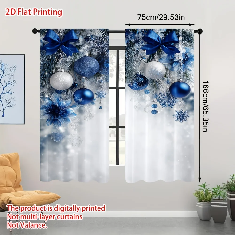 2PCS Christmas Curtains, Blue Ball Snowflake Bow Pine, Digital Print, Bedroom Living Room, Rod Pocket Polyester, Home Decor