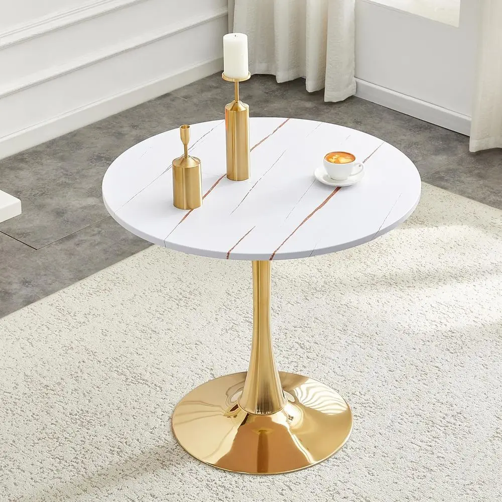 

31.5 Round Tulip Dining Table with Thickened Top & Metal Pedestal, Modern White Gold for Small Spaces