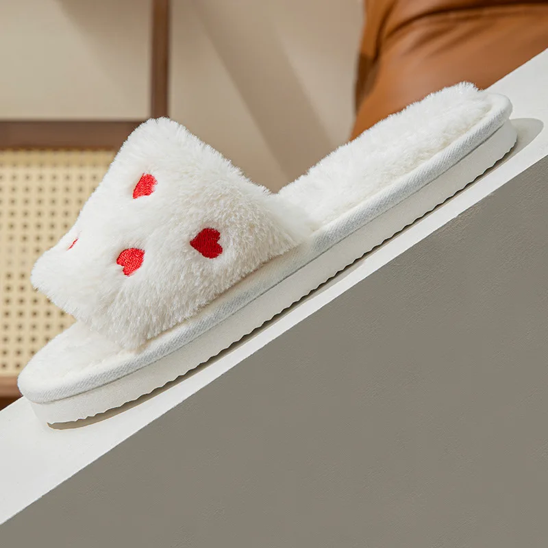 Winter Women Red Heart Fur Furry Slippers 2026 New Open Toe Indoor Floor Short Plush Slides Woman Anti Slip Soft Sole Warm Shoes