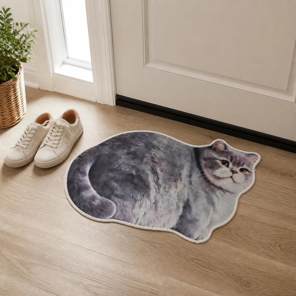 40*60cm Cute Cat Crystal Velvet Floor Mat Russian Blue Non-slip Bedroom Door Small Rug Water-absorbing Abrasion-resistant