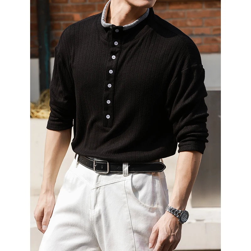 

Мужская футболка Henley Heavyweight 380 г — черный двухслойный воротник M-5XL | Винтажный дизайн с цветными блоками, свободный крой, повседневный стиль