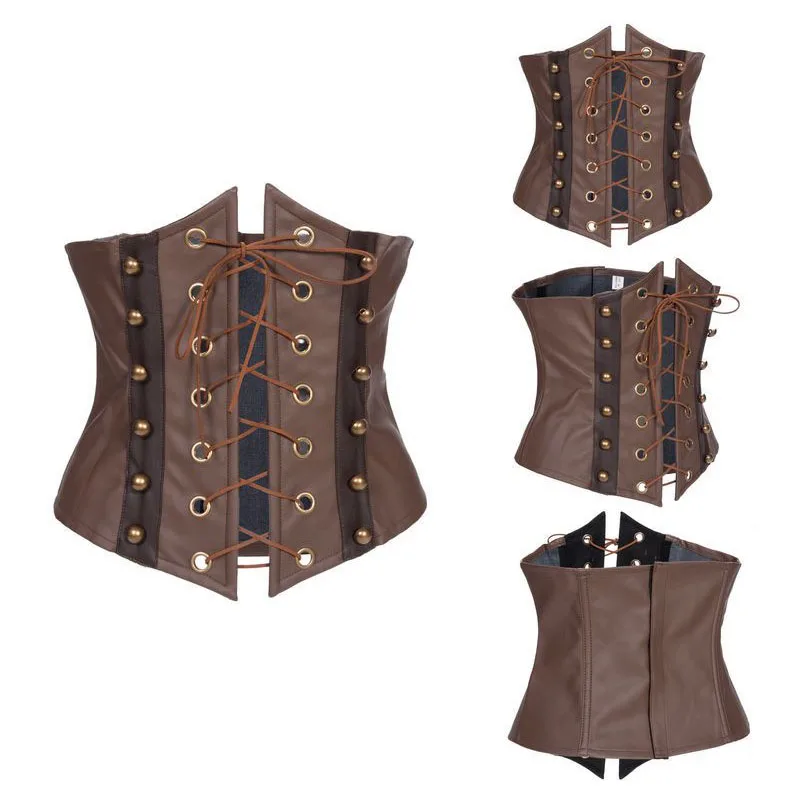 Brown Leather Boned Front Lace Up Vintage Women Corset Sexy Gothic Underbust Waist Trainer Body Shaper Sexy Steampunk Clothes