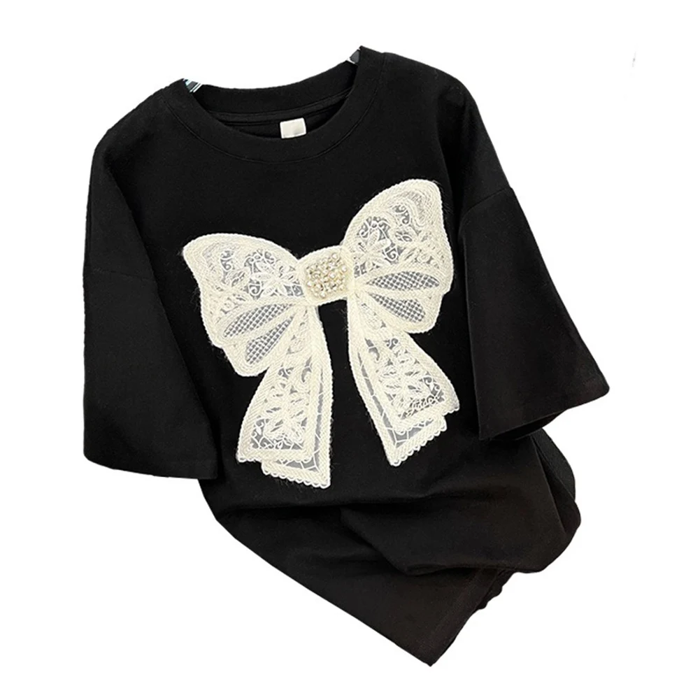 T-shirt con perline ricamate con fiocco che borda Top estetico Y2K XL Harajuku Lady Tees Articolo nuovo di zecca Top stile casual