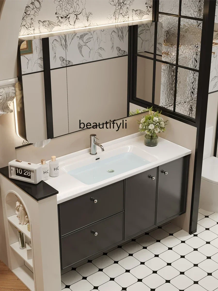 Armoire de salle de bain française intelligente, lavabo noir, meuble de salle de bain, lavabo en chêne, combinaison d'armoire de lavabo