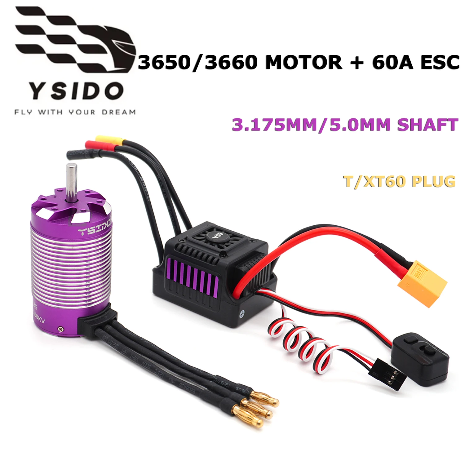 YSIDO RC Motor 3650 3660 Sensorless Brushless Motor 5.0/3.175mm Shaft 60A ESC for 1/8 1/10 RC Car Drift Racing Off-Road RC Boat