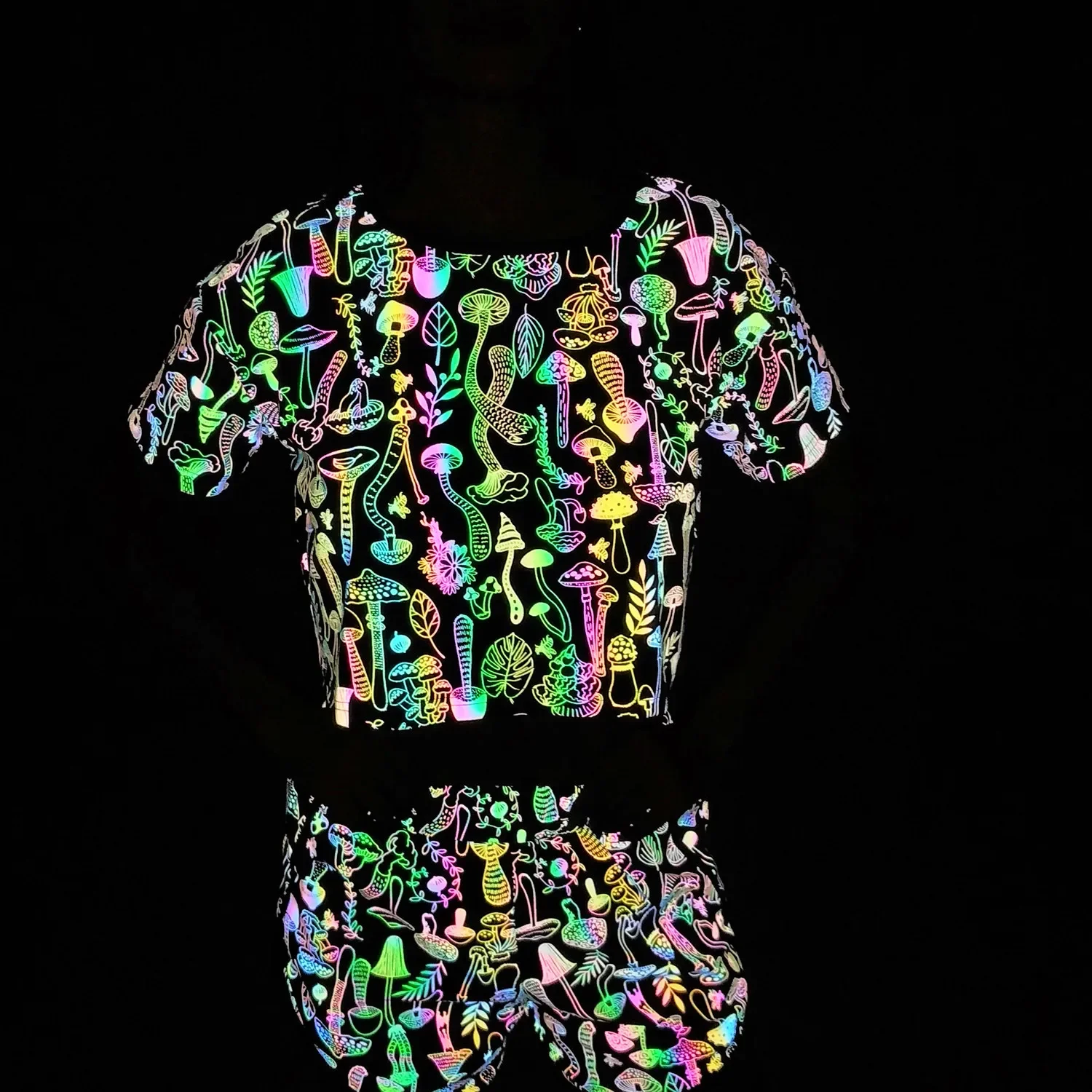 Mushroom Reflective T-shirt Shorts Women Nightclub DJ Party Rave Outfit Stage Costume Hip Hop Stage Costume Nightclub Run Suit