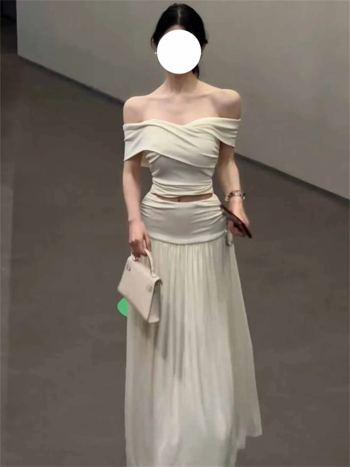 

Ele White Summer Outfit One-oulder Top Long Skirt f-length Skirt Gentle Sle Beautiful Set Long Sve V-ne Dr