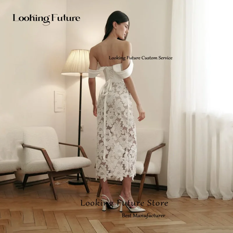 Robe de mariée moderne en dentelle sirène ivoire, Simple, épaules dénudées, sans bretelles, dos nu, Sexy, avec lacets, plissée, mi-mollet, personnalisée