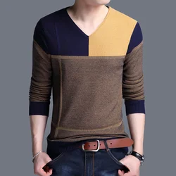 Autumn Winter New Men's V-Neck Sweater Color Block Screw Thread Casual Korean Simple Pullover Knitted Patchwork Long Sleeved Top