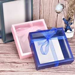 10Pcs/lot Blue/Pink Folding Cardboard Box with Transparent PVC Window Display Packaging Gift Box for Wedding Christmas Party