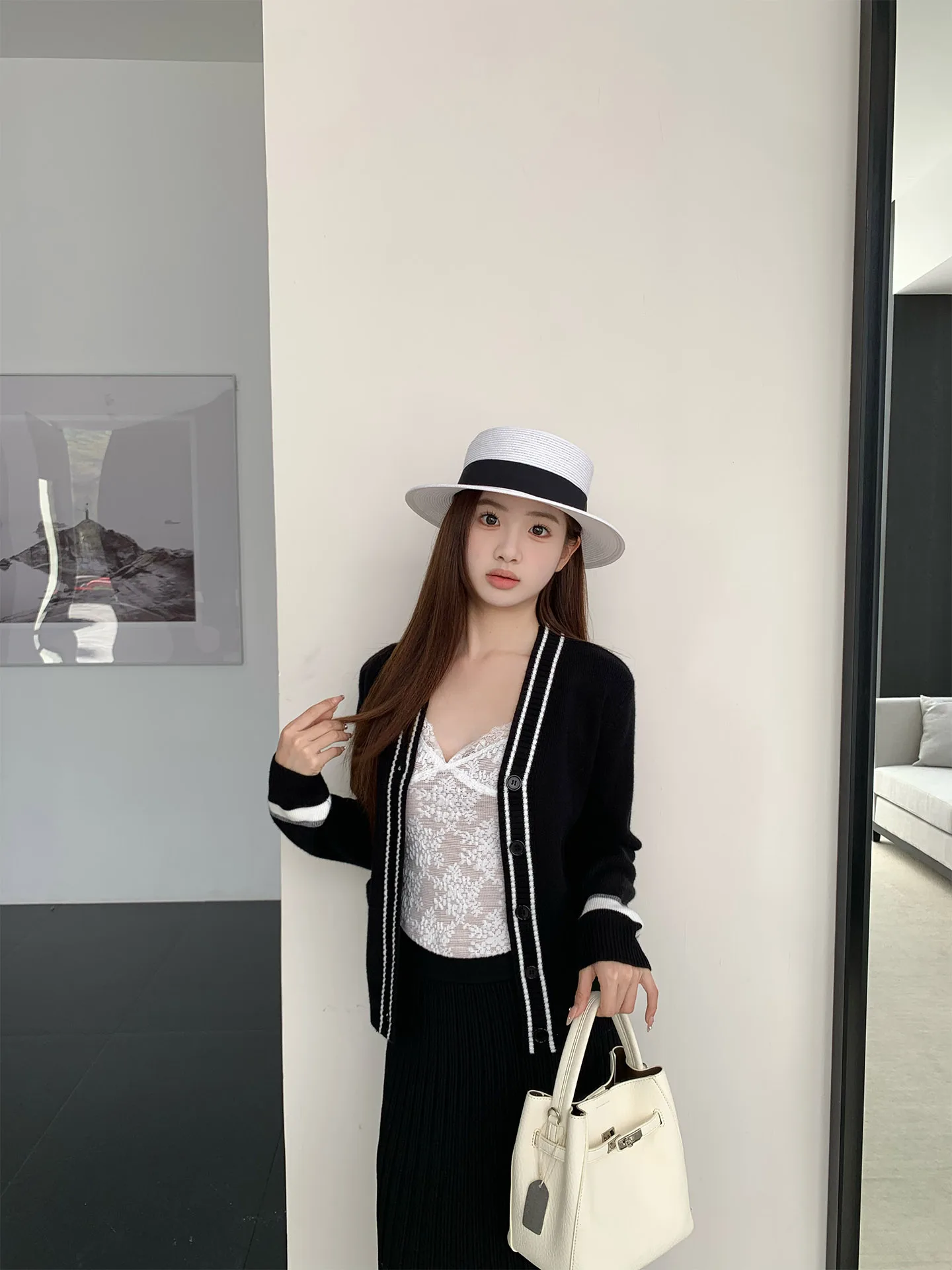 

Женский вязаный свитер-кардиган Orange Tree с V-образным вырезом, цветными вставками, весенне-осенний дизайн, приталенный крой, в студенческом стиле JZSZNR