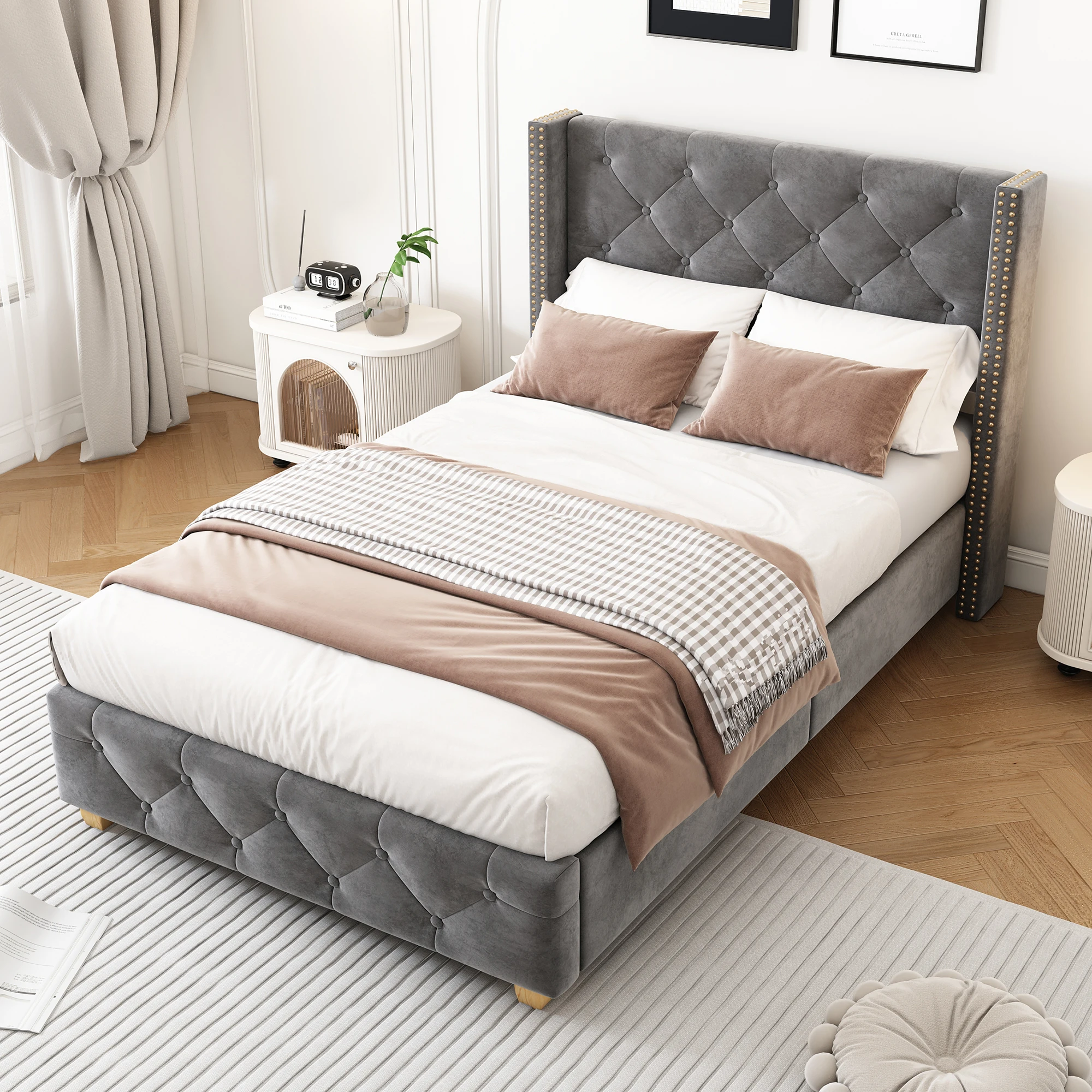 Lit simple 90x200 cm - Lit capitonné avec tête de lit boutonnée et sommier à lattes - Velours - Sans matelas - Gris