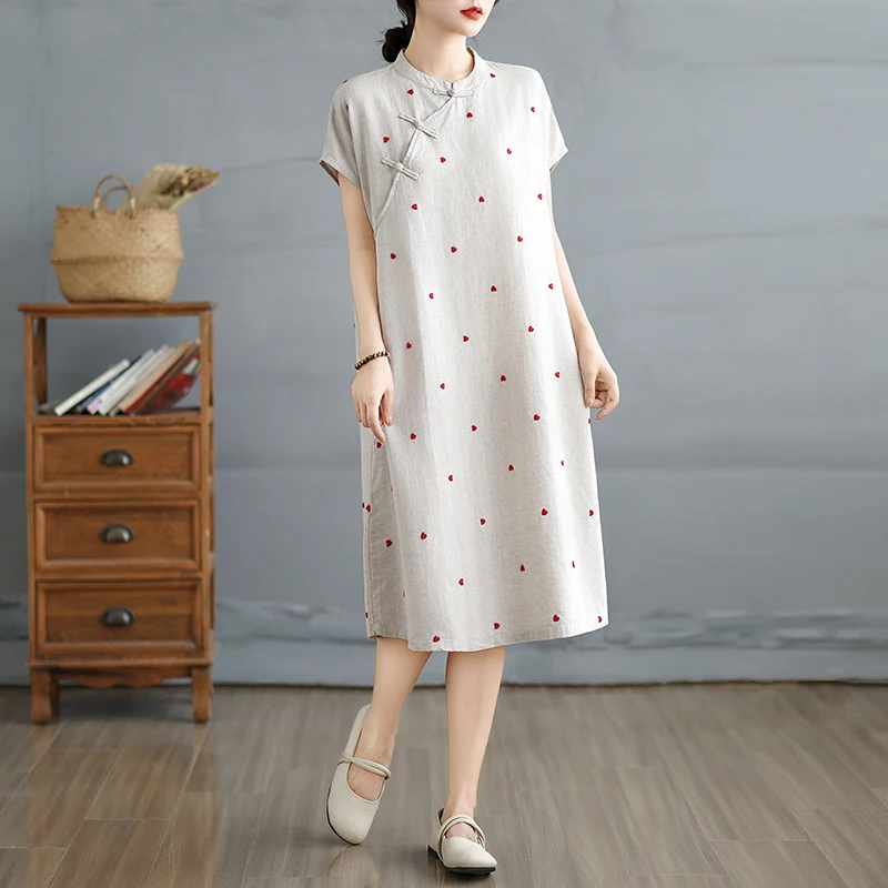 Original Design Summer Cotton Linen Moon Sve Button Dr Small Heart Print Casual Loose Fit mid Length Skirt Sle