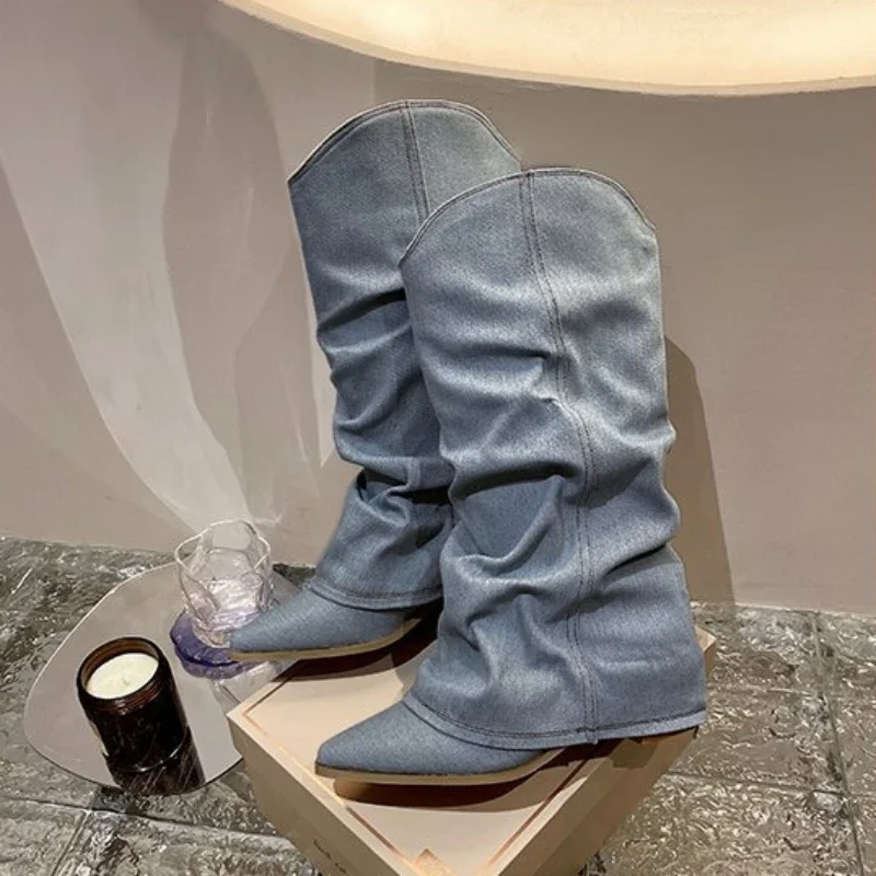 Plisowane niebieskie buty jeansowe modne damskie Chelsea Boots jesień zima w połowie buty na obcasie 2024 nowe buty damskie Botas Altas Mujer