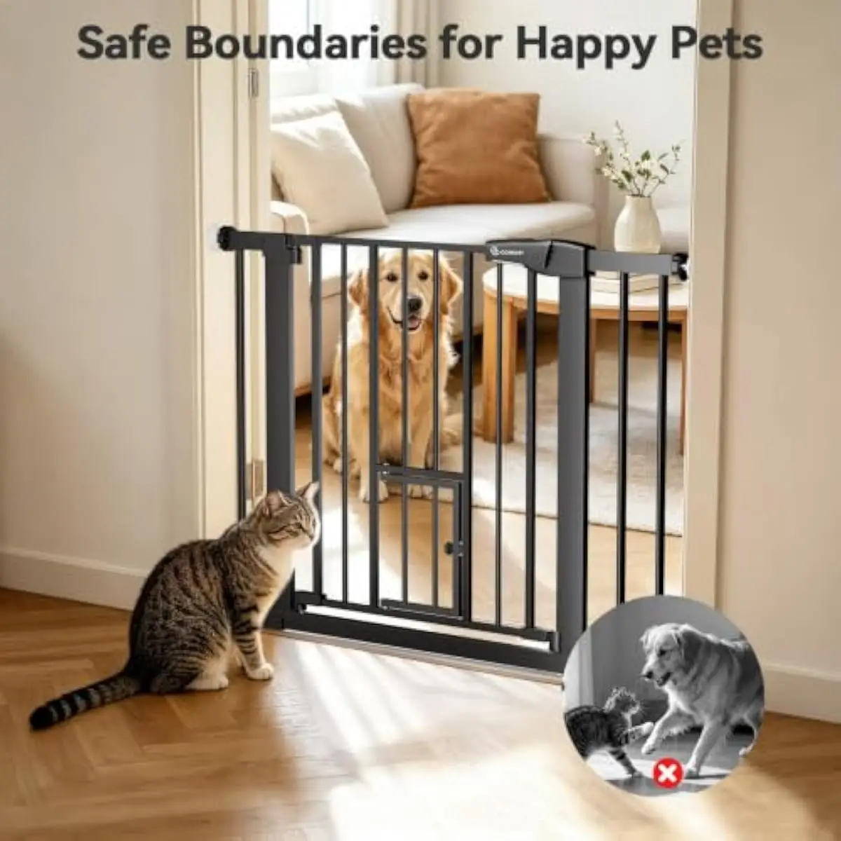 Pet barrier with integrated small animal passageway adjusts from 29.5 to 40.5 inches wide fits standard doorways and hallways se