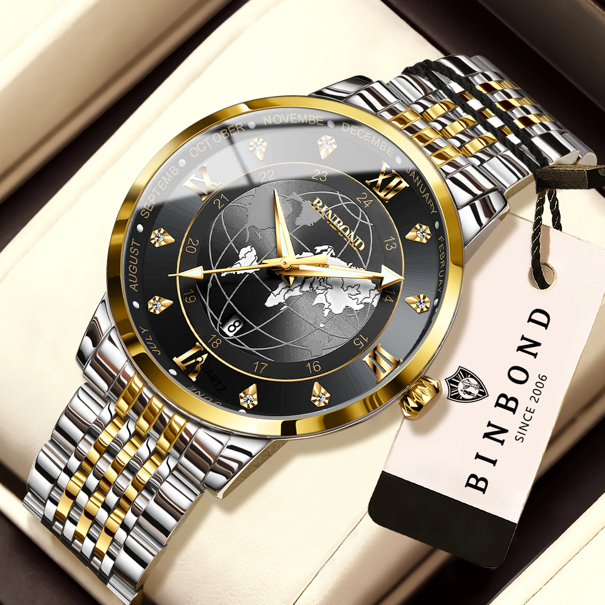 BINBOND Earth Auto Accurate Quartz Watches for Men Luxury Luminous Waterproof Men's Watch Casual Reloj Sturdy Wristwatch+Box