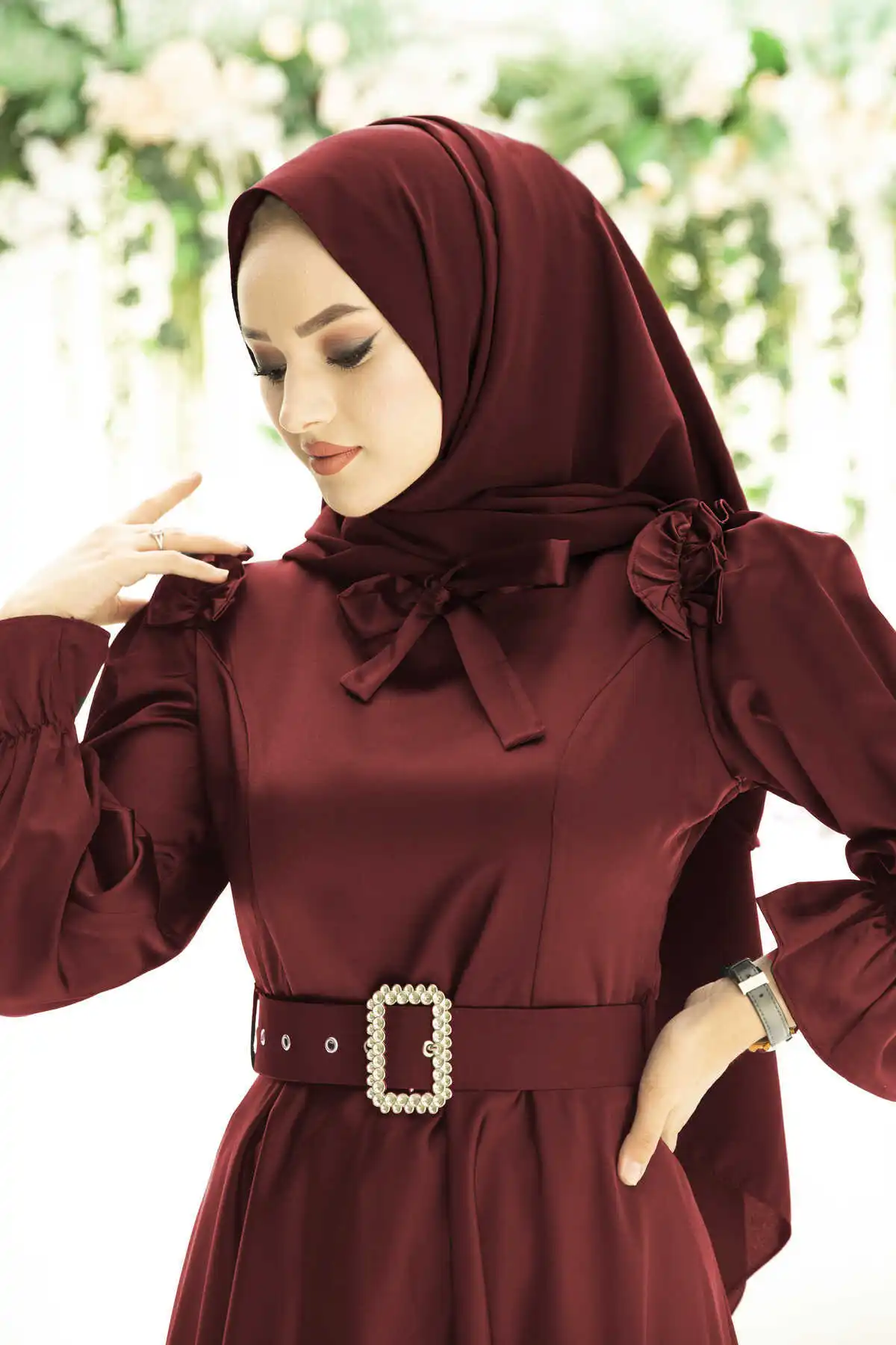 Kemerli Satin Evening Dress Burgundy