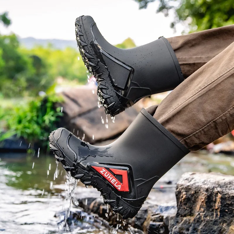 Men Mid Calf Waterproof Rain Boots Deep Lug Non-slip Thick Sole Rubber Boots Outdoor Garden Farming Camping Mud Work Footwear